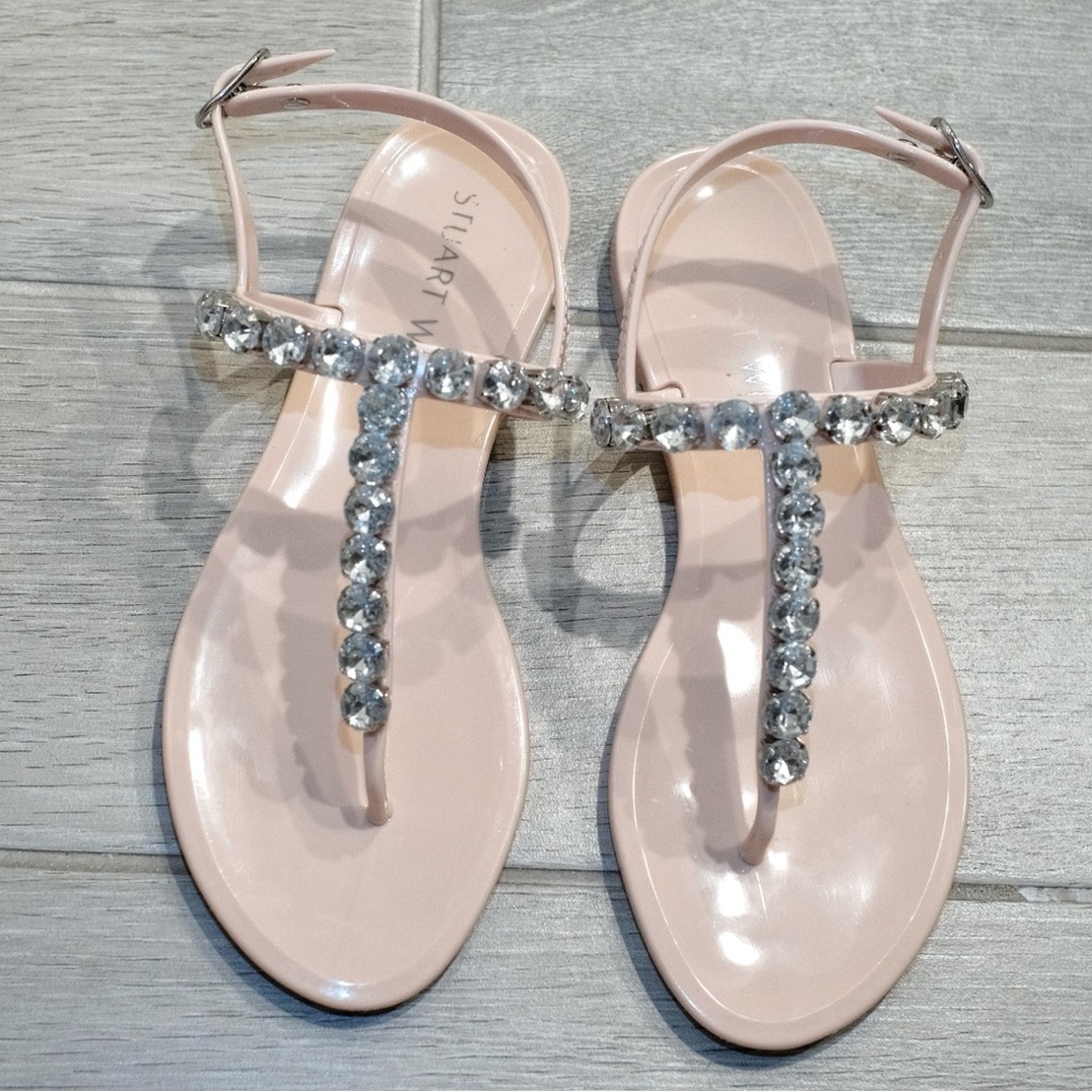 Stuart Weitzman - Rubber Crystal Embellishments T-Strap Sandals, size 6